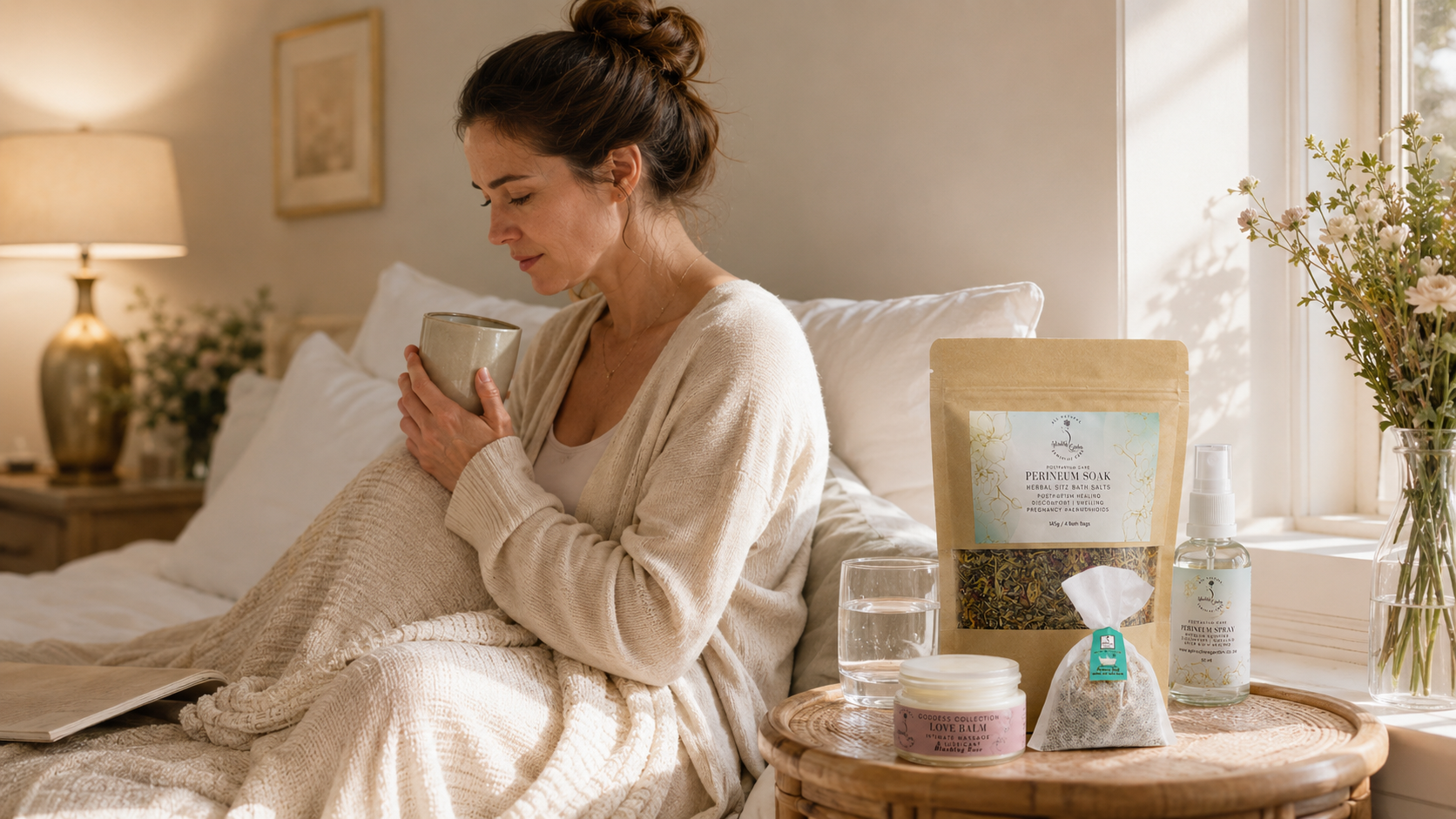 Woman drinking herbal tea and water while learning about natural UTI healing support and warning signs