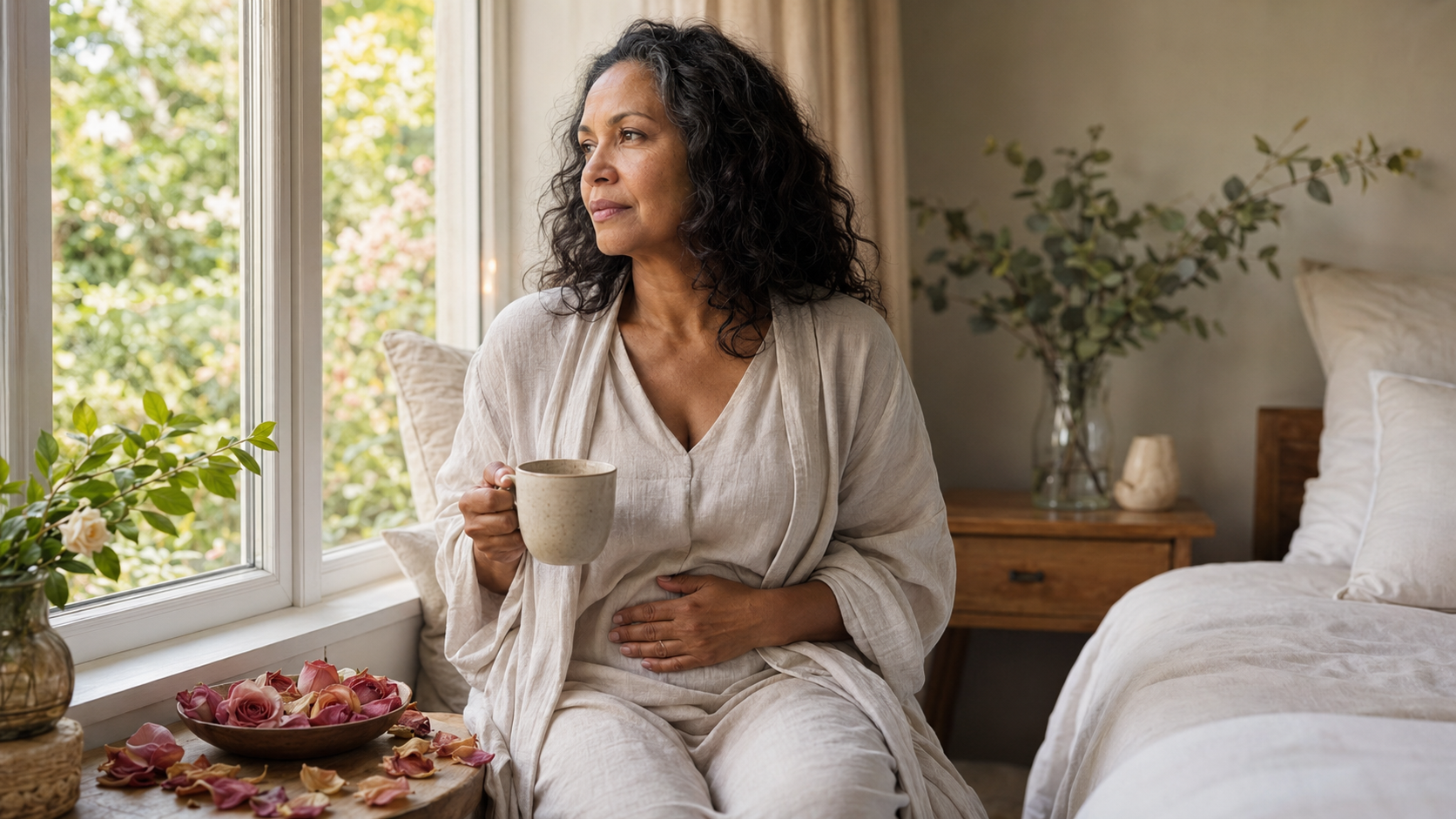 A 53-year-old woman sitting quietly beside a window and reflecting on her changing menstrual cycle during perimenopause.